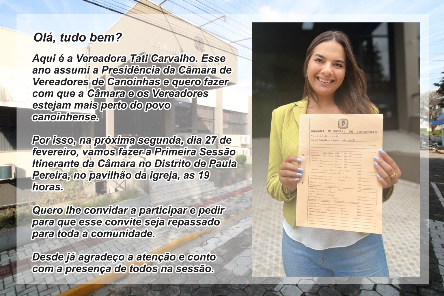 Câmara vai realizar Sessão Itinerante dia 27 Segunda-feira no Distrito de Paula Pereira