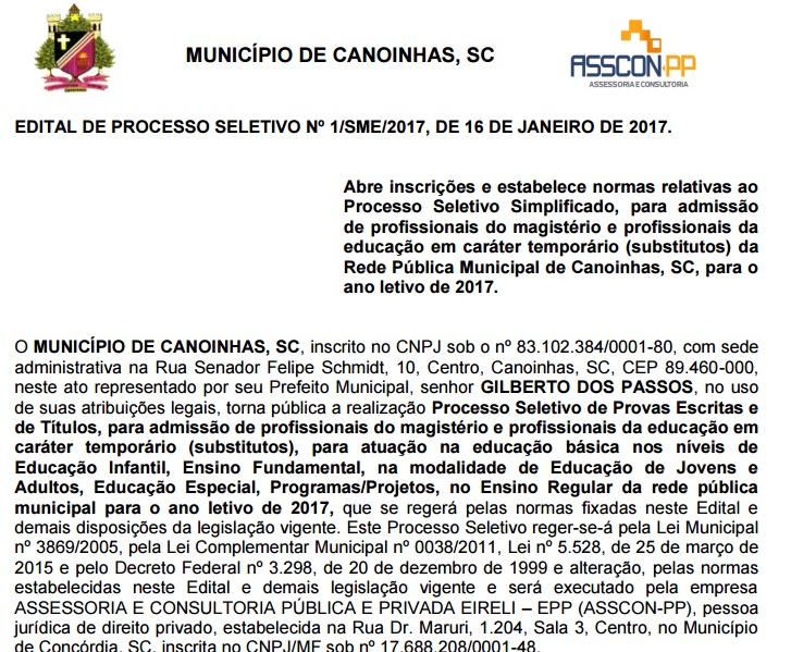 Prefeitura de Canoinhas abre processo seletivo para contratação de professores em caráter temporário